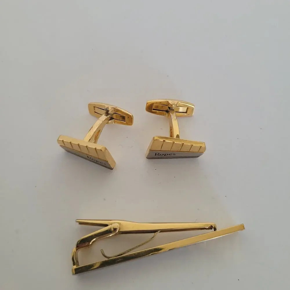 Ropes Tie Bar Clip Cufflinks Set Gold Silver Two Tone Logo Geometric Whale Retro